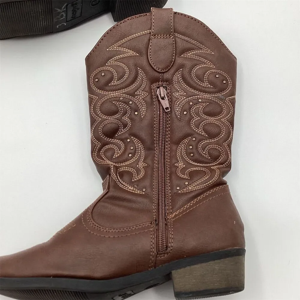Cat & Jack Girls Western‎ Cowgirl Boots Brown Size 4 Casual Embroidered